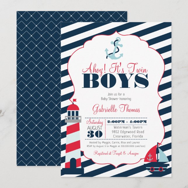 Invitación Ahoy Nautical Red Navy Stripe Twin Boy Baby Shower (Anverso / Reverso)