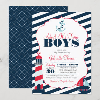 Invitación Ahoy Nautical Red Navy Stripe Twin Boy Baby Shower