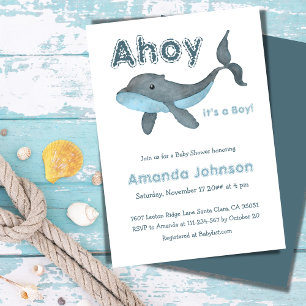 Invitación Ahoy Nautical Whale Sea Blue Boy Baby Shower
