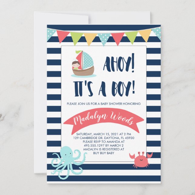 Invitación ¡Ahoy Náutico! It's a Boy! Baby Shower (Anverso)