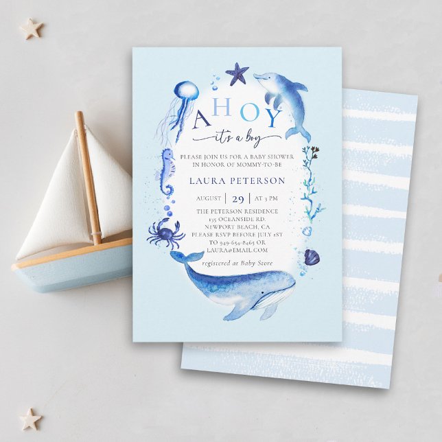 Invitación Ahoy Ocean Animals Nautical Blue Boy Baby Shower (ocean baby boy shower invitation ahoy under the sea whale dolphin blue watercolor beach nautical.)