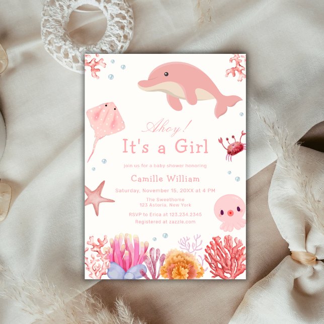 Invitación Ahoy Rosa Bajo El Chica De Los Delfines Del Mar Ba (Pink Ahoy Under The Sea Dolphin Girl Baby Shower Invitation)