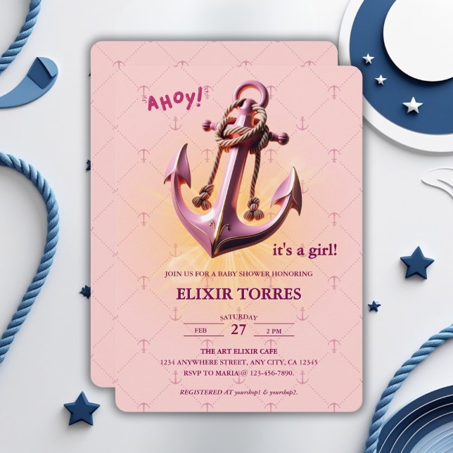 Invitación ¡Ahoy rosado moderno! Anchor Nautical Baby Shower (Subido por el creador)