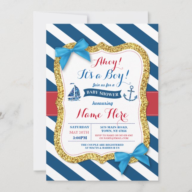 Invitación Ahoy Sailor Anchor Baby Shower Blue Boy Invitado (Anverso)