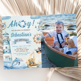 Invitación Ahoy Sailor Nautical Boat Azul foto de primer cump