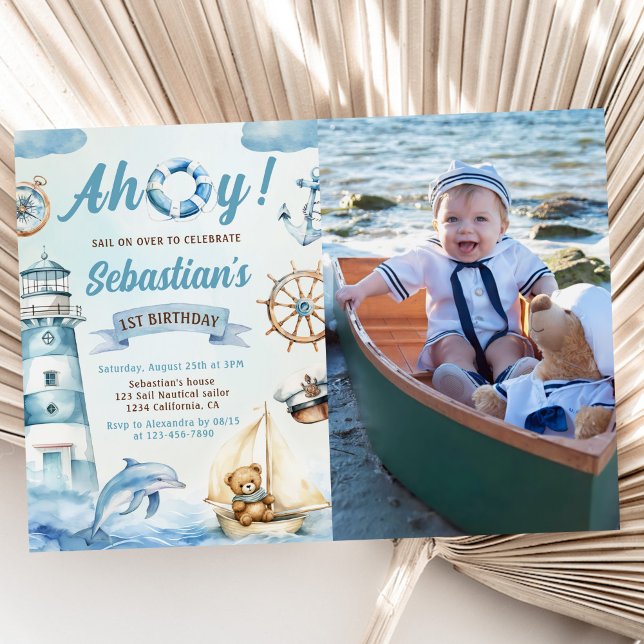 Invitación Ahoy Sailor Nautical Boat Azul foto de primer cump (Subido por el creador)
