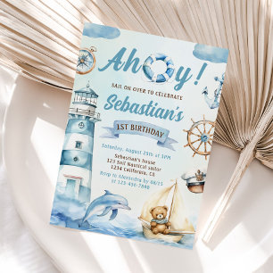 Invitación Ahoy Sailor Nautical Boat Blue 1er cumpleaños