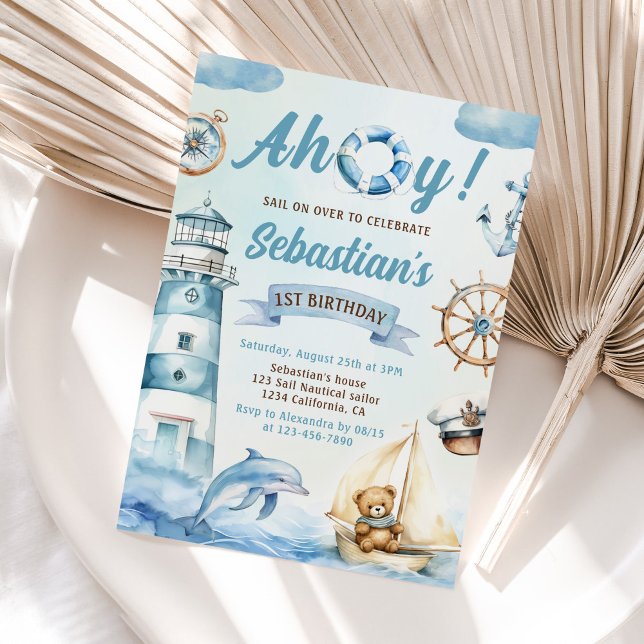 Invitación Ahoy Sailor Nautical Boat Blue 1er cumpleaños (Subido por el creador)