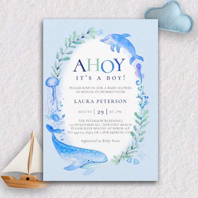 Invitación Ahoy Sea Animals Nautical Blue Boy Baby Shower (nautical baby boy shower invitation ahoy under the sea whale dolphin blue watercolor modern cute)