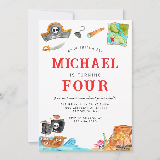 Invitación Ahoy Shipmates Treasure Hunt Ship Pirate Cumpleaño (Anverso)