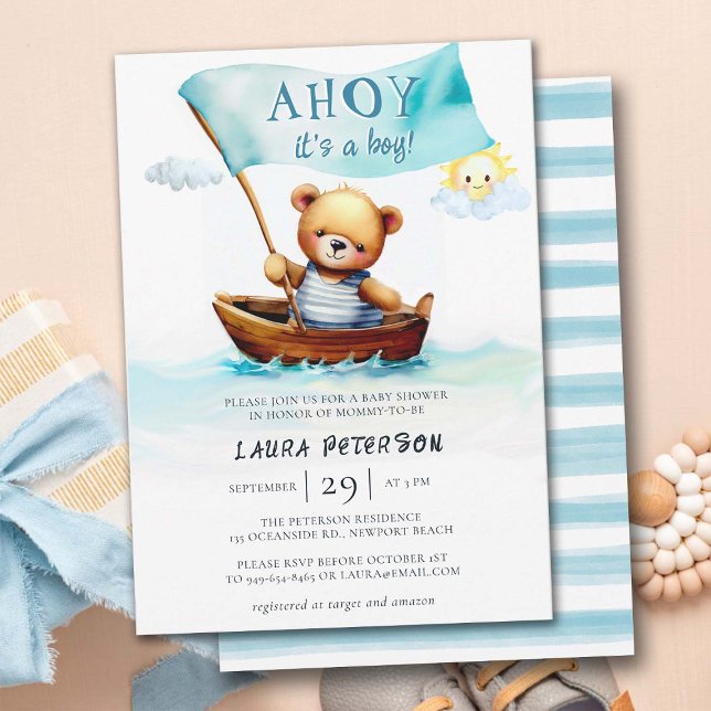Invitación Ahoy Teddy Bear Waves Bote Cute Boy Baby Shower (ahoy its a boy cute teddybear in boat ocean waves baby boy shower invitation watercolor elegant fun)