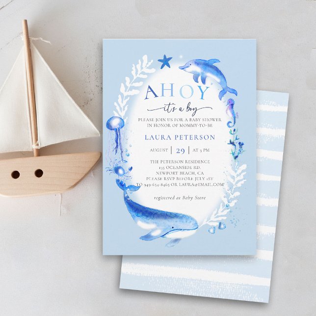 Invitación Ahoy Under Sea Animals Nautical Boy Baby Shower (ocean baby boy shower invitation ahoy under the sea whale dolphin watercolor beach nautical summer)