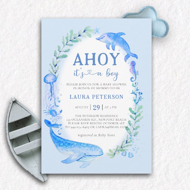 Invitación Ahoy Whale Dolphin Sea Nautical Boy Baby Shower (ocean baby boy shower invitation ahoy under the sea whale dolphin blue watercolor modern nautical)