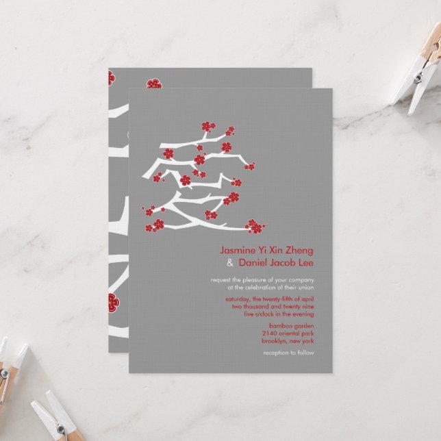 Invitación Ai Chino Ama Las Flores De Cerezo Boda Sakura Rojo (Anverso/Reverso In Situ)