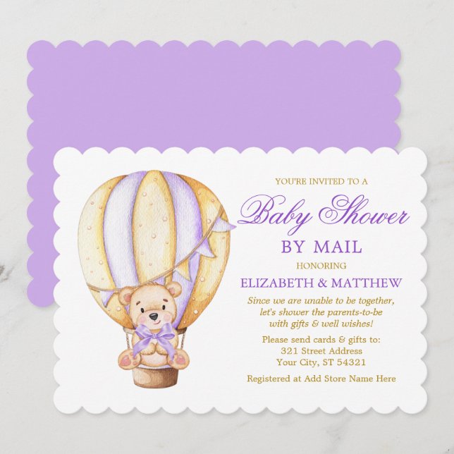 Invitación Air Balloon Bear con Baby Shower Purple Gold por c (Anverso / Reverso)