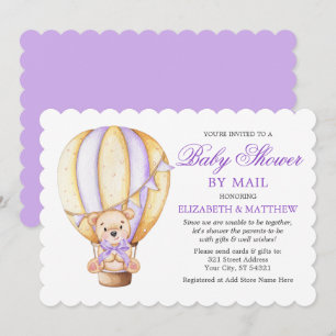 Invitación Air Balloon Teddy Bear Purple Baby Shower por corr