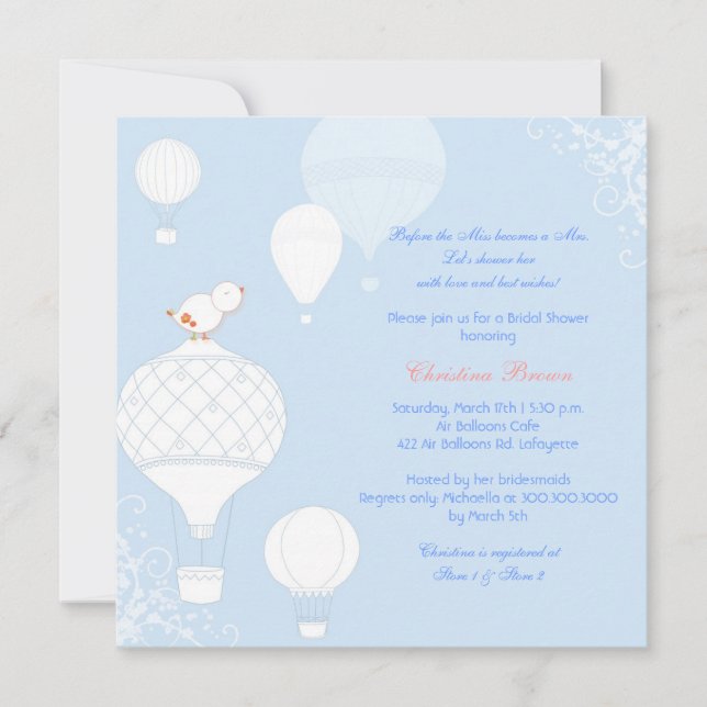 Invitación Aire Balloon Bird Sky Blue Bridal Shower (Anverso)