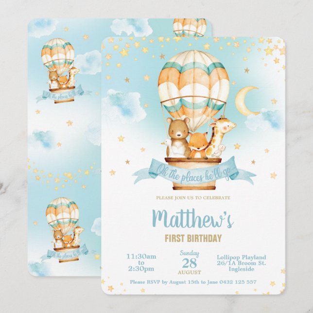 Invitación Aire caliente Balón Fiesta de Cumpleaños Cute Anim (Anverso / Reverso)