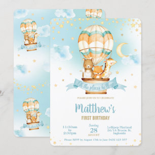 Invitación Aire caliente Balón Fiesta de Cumpleaños Cute Anim