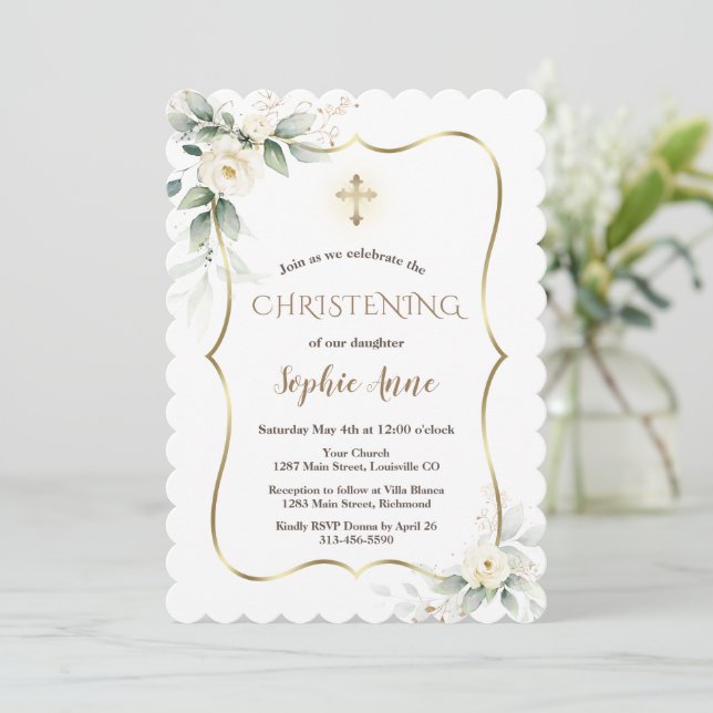 Invitación Aire verde marco dorado Marcos Florales Blancas Ch (Anverso de pie)