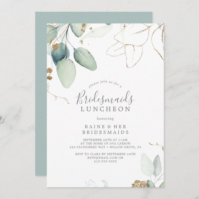 Invitación Aire verde y Oro Leaf Bridesmaids Luncheon (Anverso / Reverso)