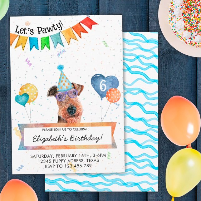 Invitación Airedale Terrier Deja Pawty Fiesta de Cumpleaños d (Front and Back)