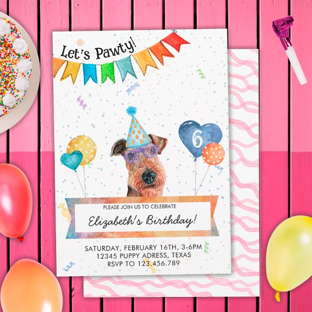 Invitación Airedale Terrier Deja que Pawty Perro Cumpleaños F (Front and Back)