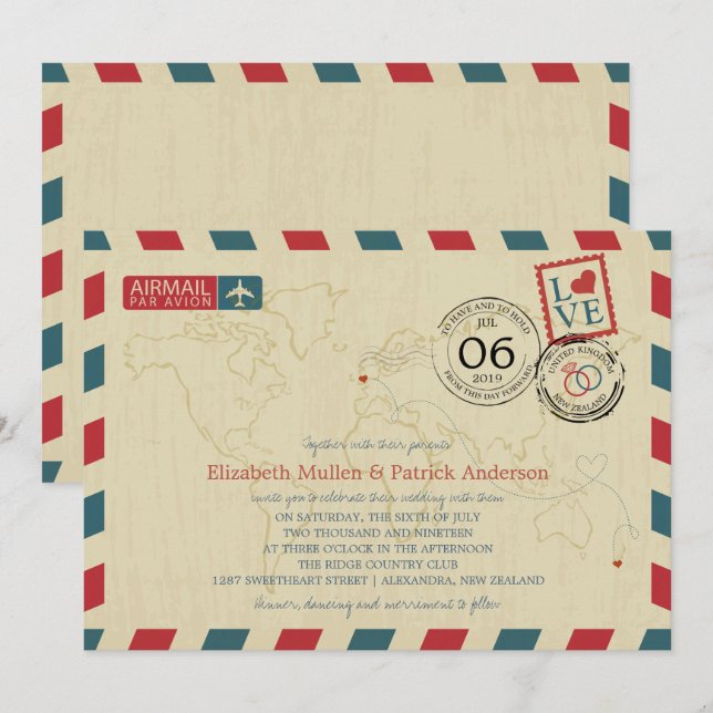 Invitación Airmail de Antigüedad de Nueva Zelanda/Reino Unido (Anverso / Reverso)