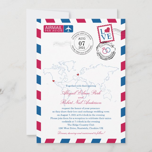 Invitación Airmail Heart UK and California USA Boda (Anverso)