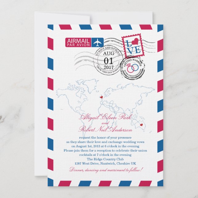 Invitación Airmail Heart UK y Austraila Boda (Anverso)