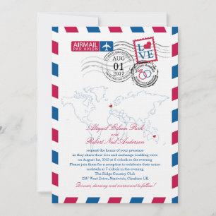Invitación Airmail Heart UK y Austraila Boda