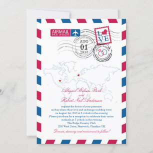 Invitación Airmail Heart UK y Missouri USA Boda