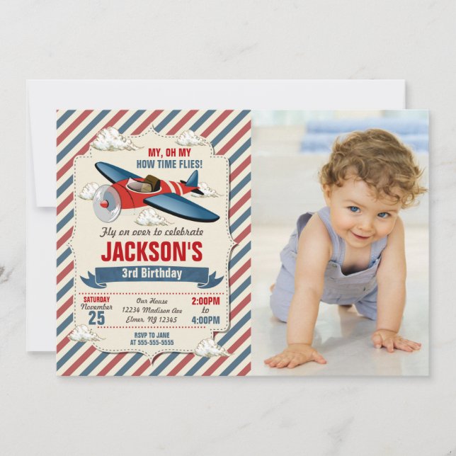 Invitación Airplane Birthday Photo Invitation | Time Flies (Anverso)