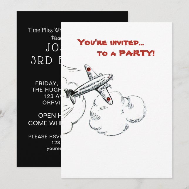 Invitación Airplane Boy Birday Party Simple Black White Red (Anverso / Reverso)