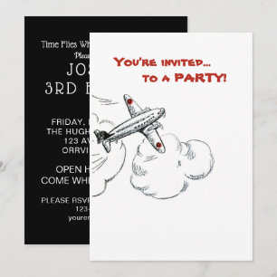 Invitación Airplane Boy Birday Party Simple Black White Red