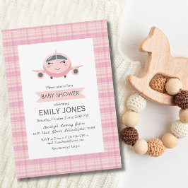 Invitación Airplane Girl Cute Baby Shower Pink and Grey