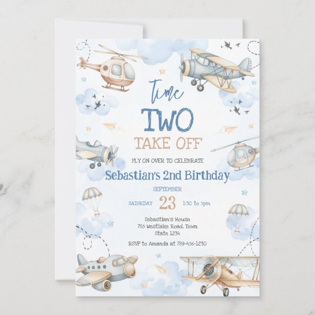 Invitación Airplane Pilot Party Time Two Take Off Birthday (Anverso)