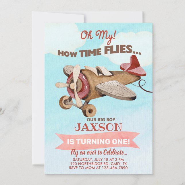 Invitación Airplane time flies boy 1st first birthday invite. (Anverso)