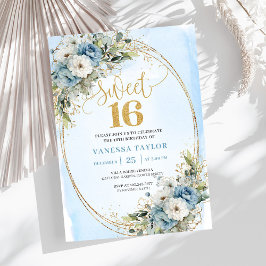 Invitación Airy Dusty Blue Floral Greenery Sweet 16th Invite
