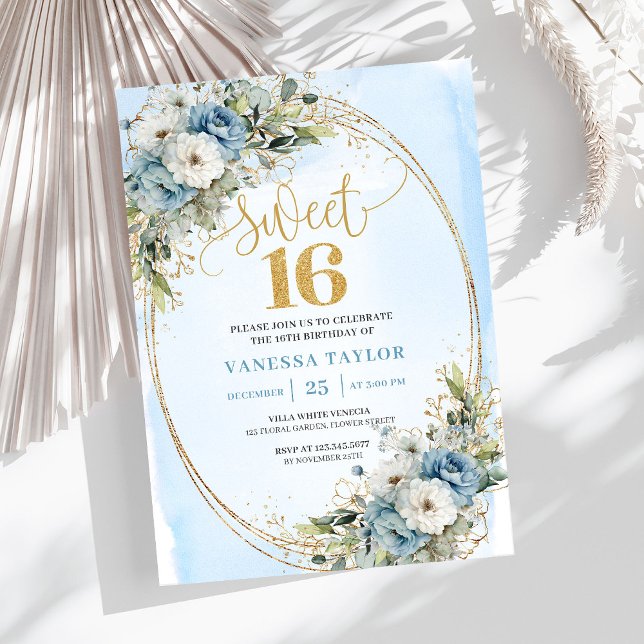 Invitación Airy Dusty Blue Floral Greenery Sweet 16th Invite (Airy Dusty Blue Floral Greenery Sweet 16th Invite)