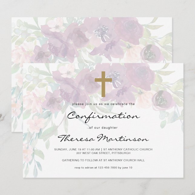 Invitación Airy Floral con confirmación cruzada (Anverso / Reverso)