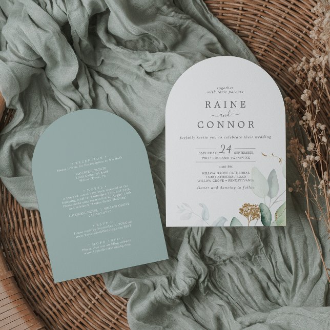 Invitación Airy Greenery Gold Leaf All In One Arch Boda (Airy Greenery Gold Leaf All In One Arch Wedding Invitation)