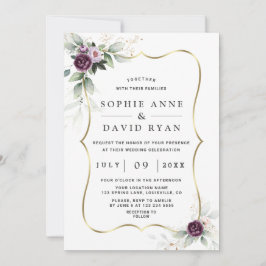 Invitación Airy Greenery Purple Pink Flowers Gold Boda