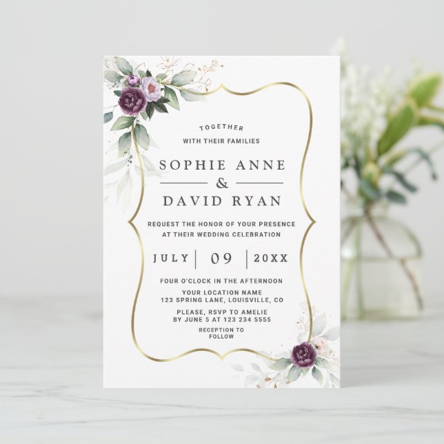Invitación Airy Greenery Purple Pink Flowers Gold Boda (Anverso de pie)