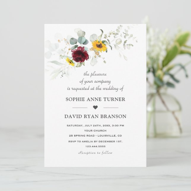 Invitación Airy Greenery Sunflowers Burgundy Gold Boda (Anverso de pie)