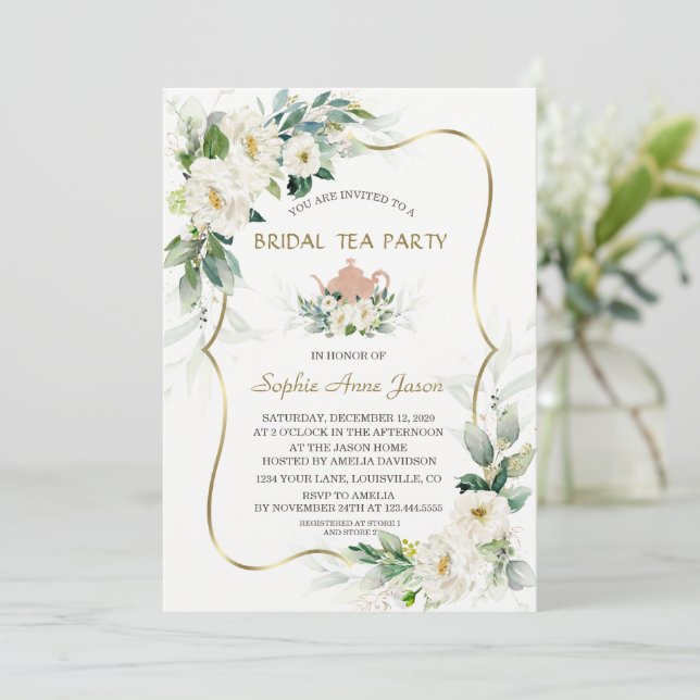 Invitación Airy Greenery White Flowers Gold Bridal Shower (Anverso de pie)