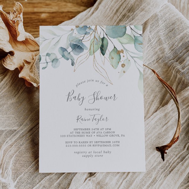 Invitación Airy Greenery y Gold Leaf Baby Shower (Subido por el creador)