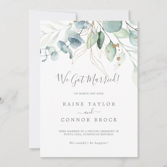 Invitación Airy Greenery y Gold Leaf Elopement (Anverso)