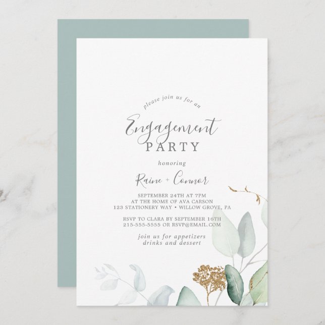 Invitación Airy Greenery y Gold Leaf Engagement Party (Anverso / Reverso)