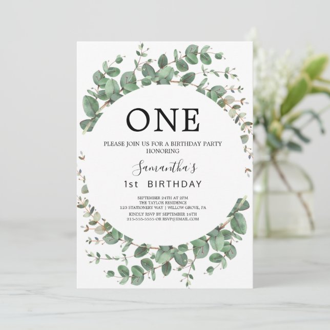 Invitación Airy Greenery y Gold Leaf First Birday Party (Anverso de pie)